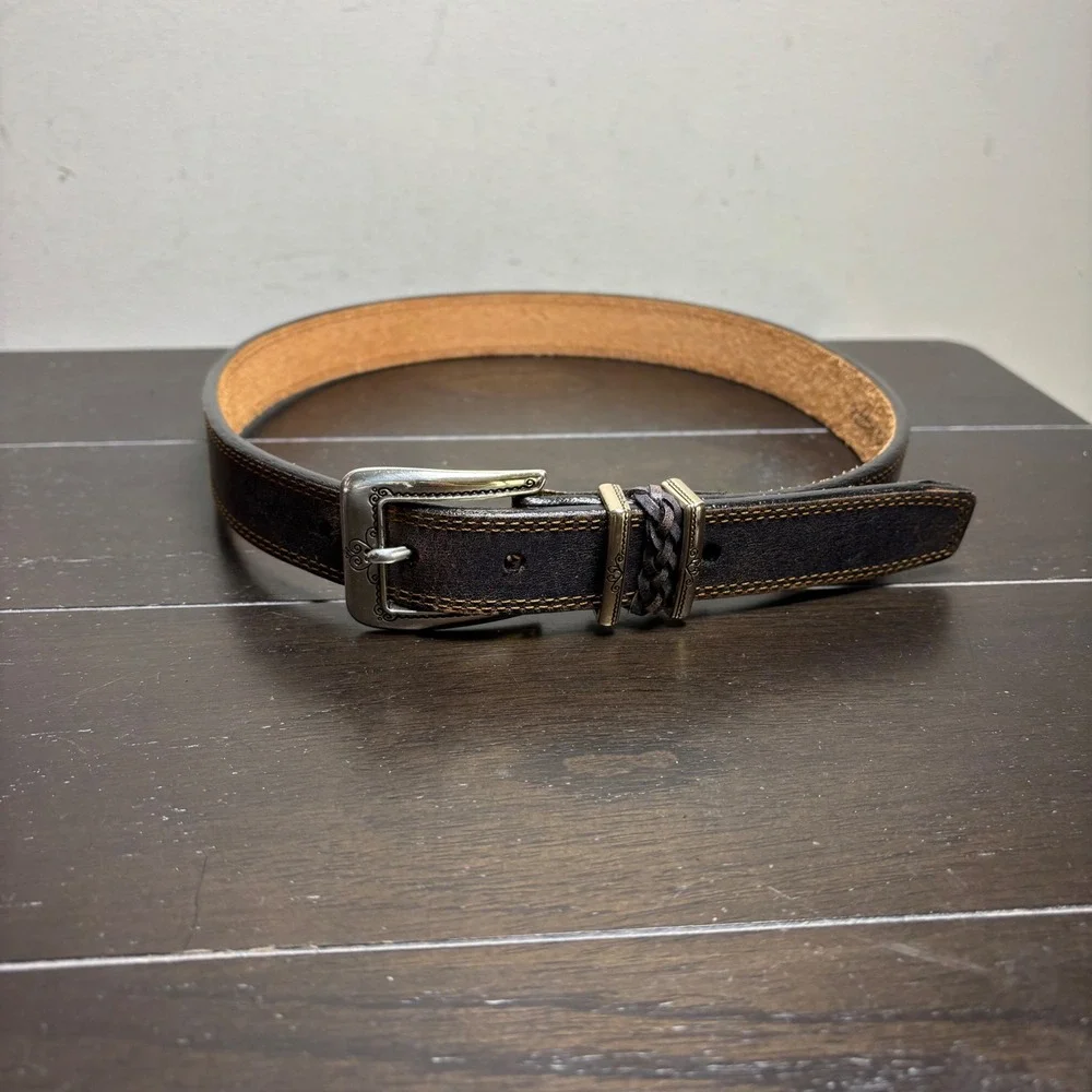 Brighton | Womens M 30 | Dark Gray Leather Western Belt Silver Engraved Buckle
